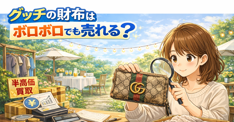 傷んだグッチの財布を虫眼鏡で確認する女性｜買取査定イメージ