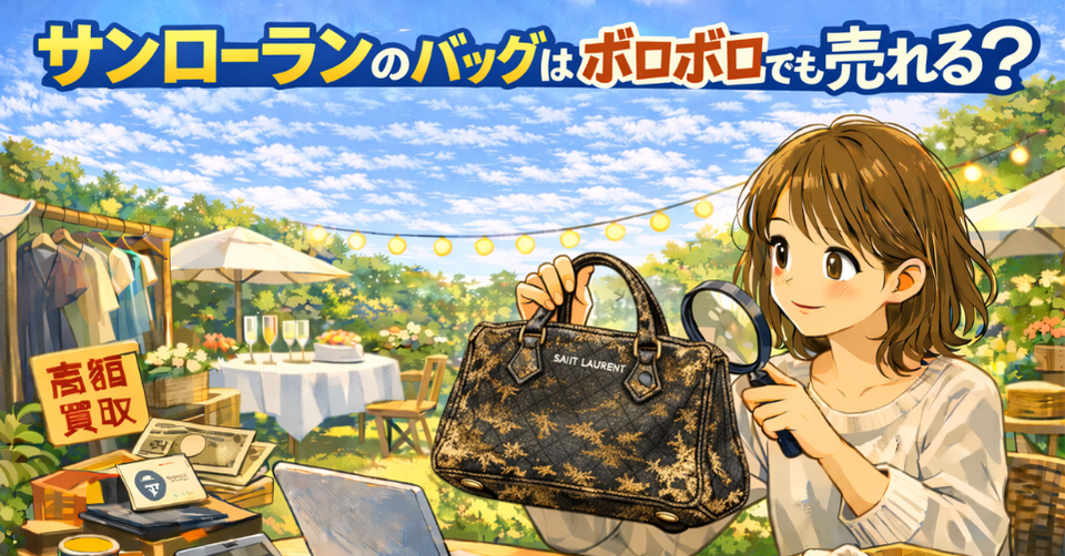 傷みのあるサンローランのバッグを虫眼鏡で見ている女性のアイキャッチ画像