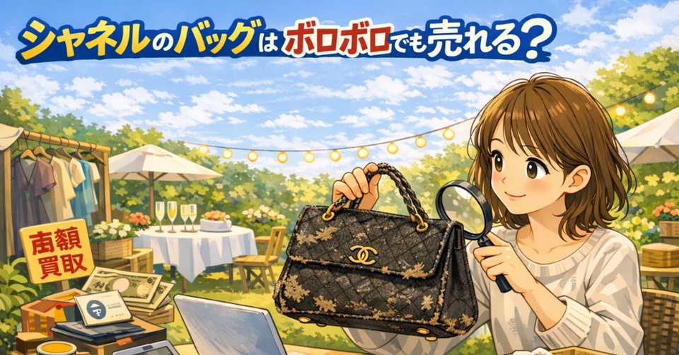 ボロボロのシャネルのバッグを査定前に確認している女性のアイキャッチ画像