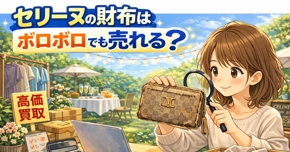 劣化したセリーヌ財布を確認する女性｜高価買取イラスト