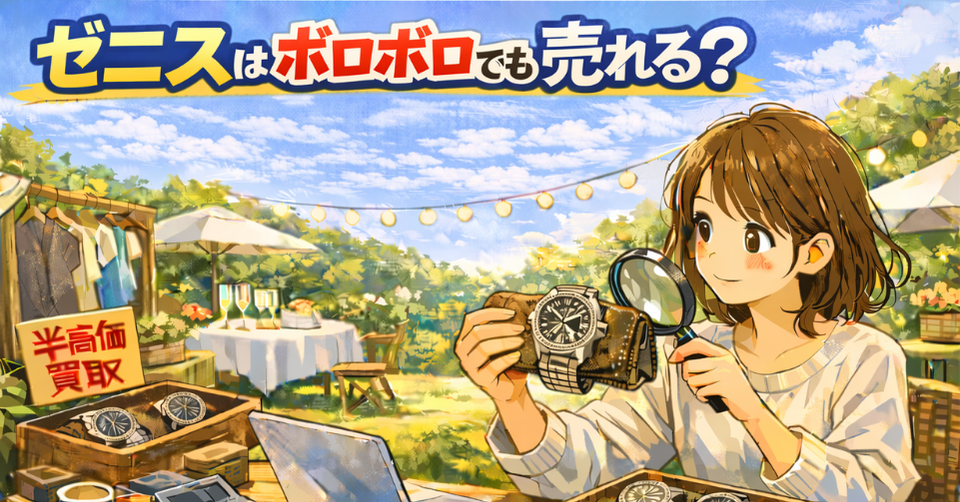 ゼニスの腕時計を確認する女性と買取用の机