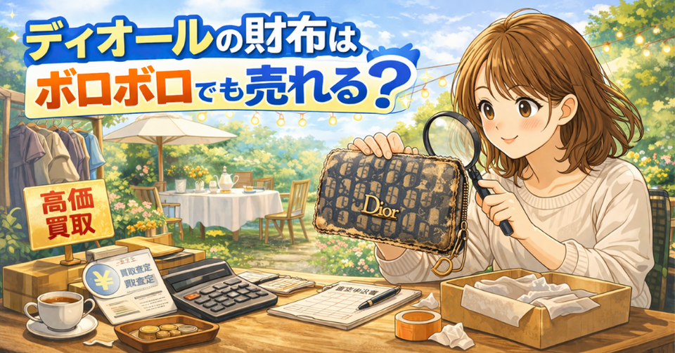 傷んだディオール財布を確認する女性｜ブランド買取の様子