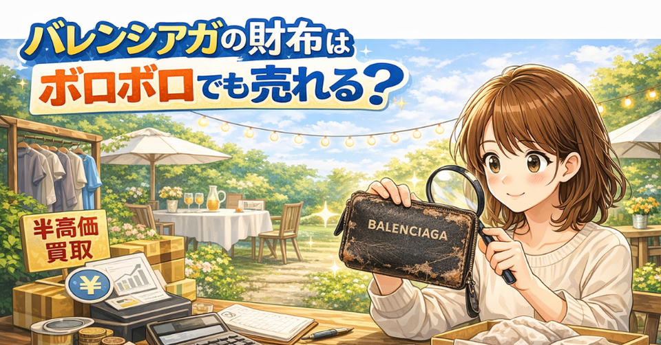 ボロボロのバレンシアガ財布を査定しているイメージ｜高価買取のイラスト