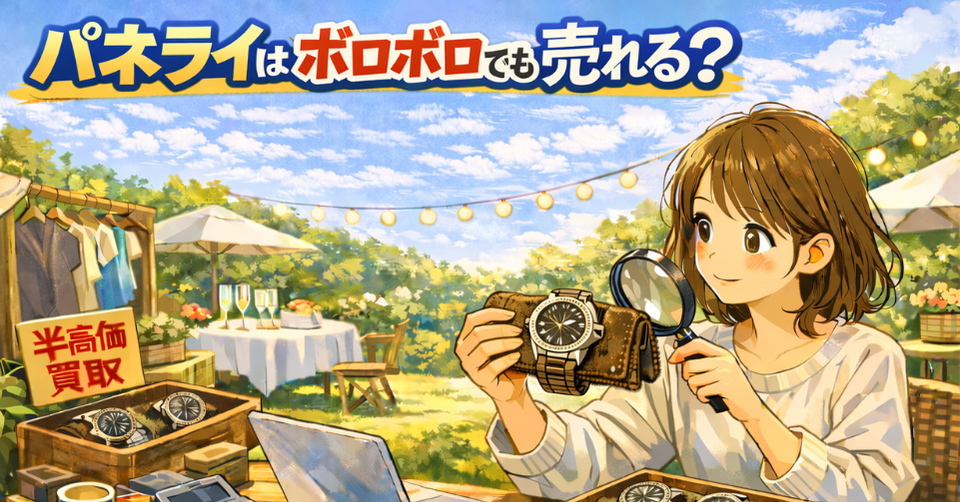 パネライの腕時計を確認する女性と買取用テーブルの様子