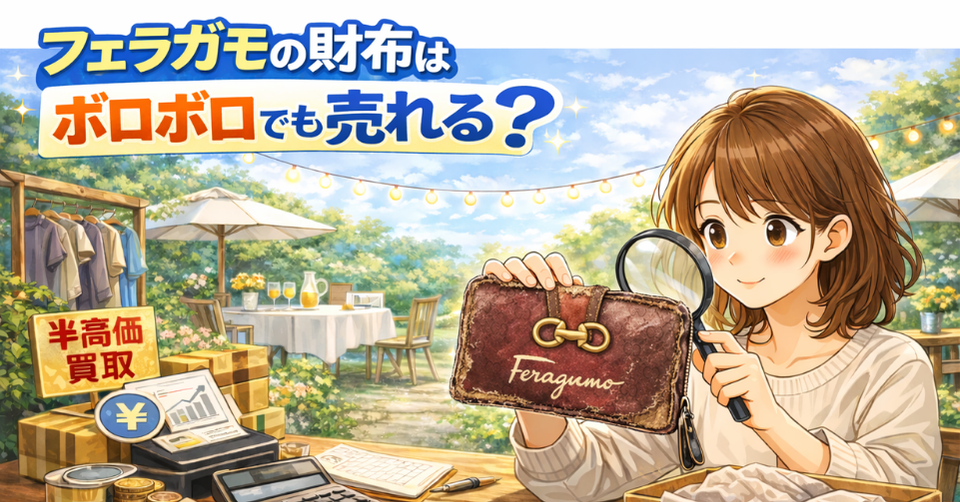 傷んだフェラガモ財布を査定する女性｜高価買取のイラスト