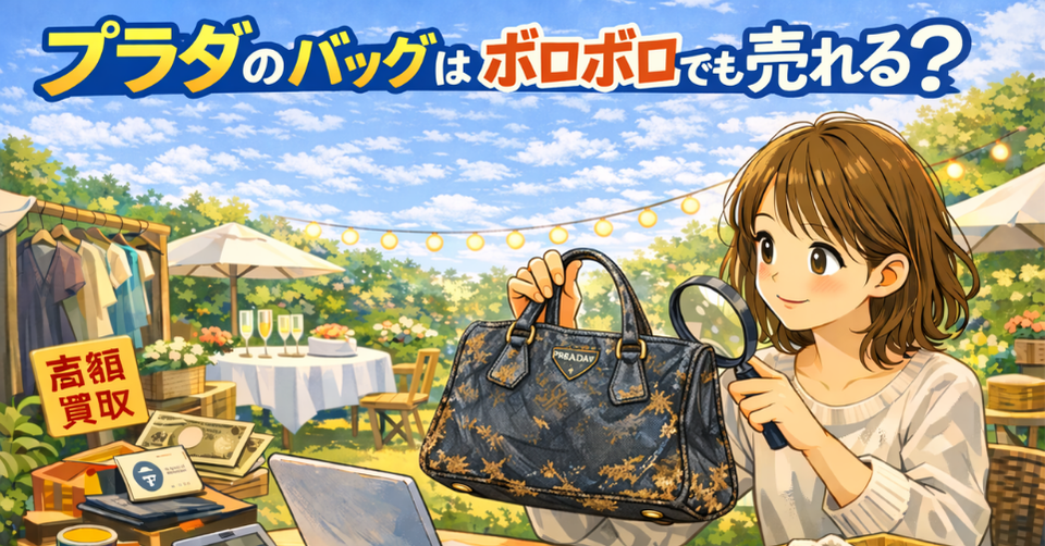 ボロボロのプラダのバッグを手に持って確認している女性のアイキャッチ画像