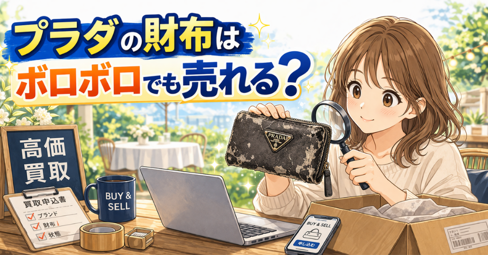 傷んだプラダ財布を確認する女性｜宅配買取のイメージ