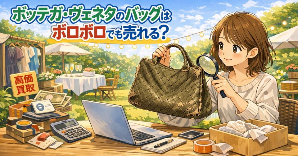 ボロボロのボッテガ・ヴェネタのバッグを虫眼鏡で見ている女性のアイキャッチ画像