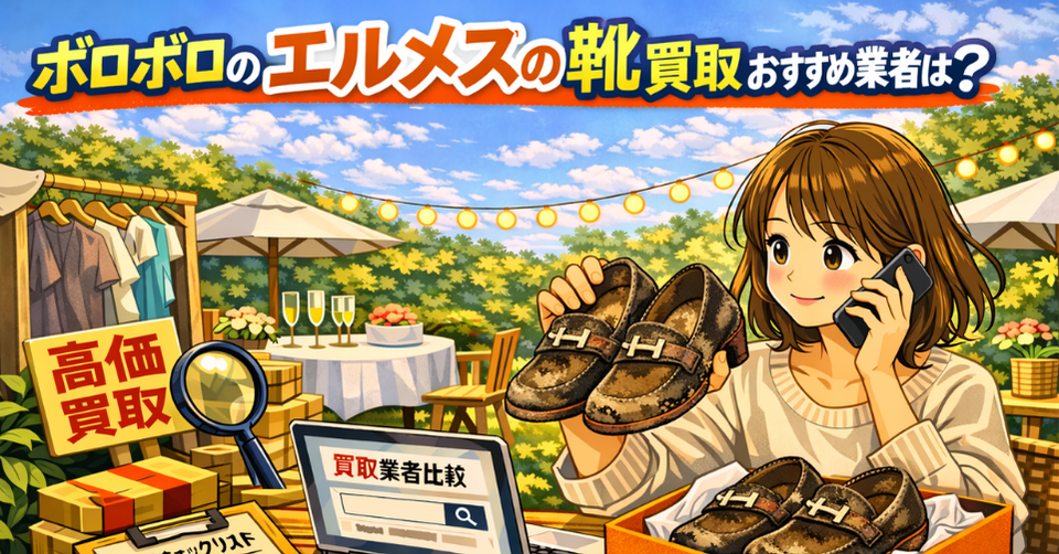ボロボロ エルメス 靴 を査定する女性と買取比較のシーン