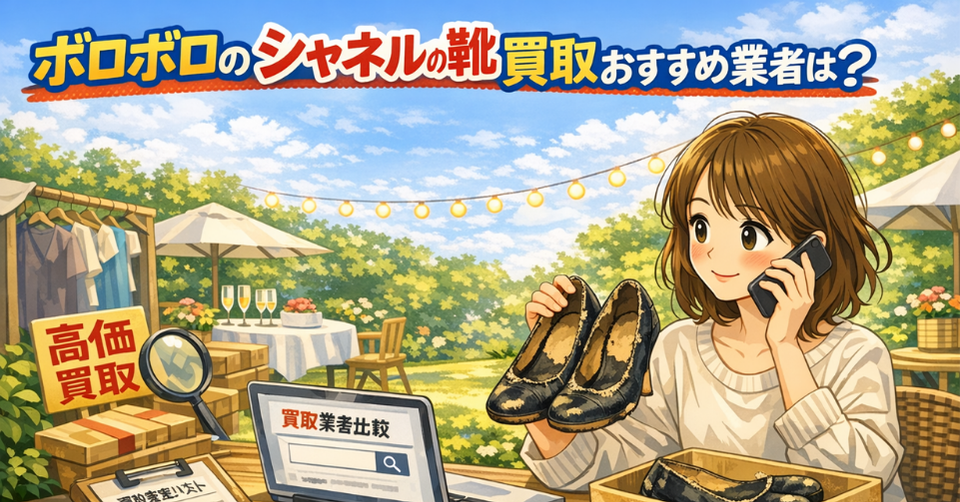 ボロボロ シャネル 靴 を査定している女性と買取業者比較のイメージ
