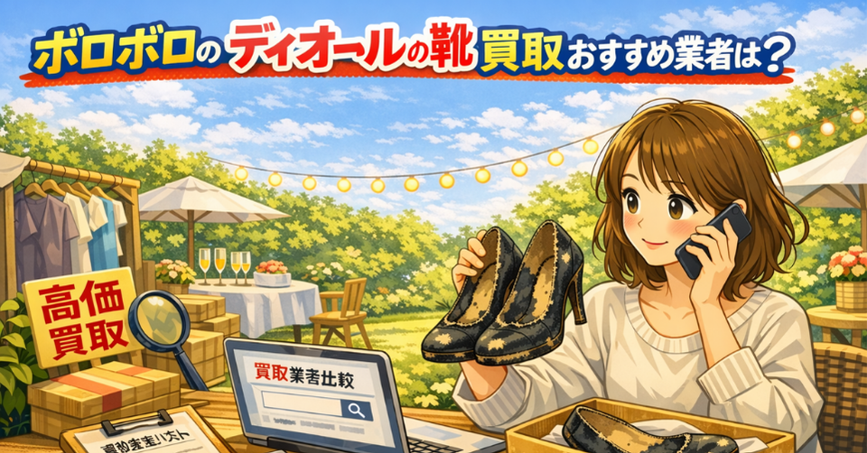 ボロボロ ディオール 靴 を手に持ち査定相談している女性のイラスト