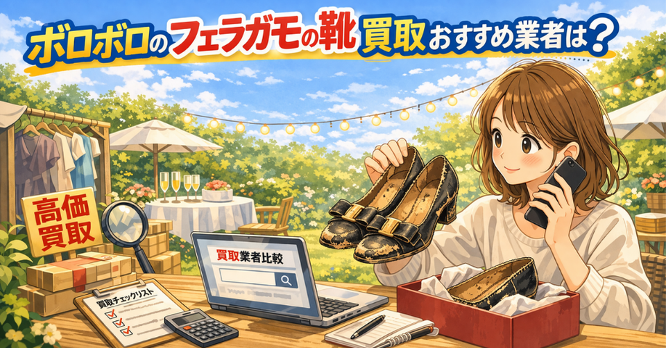 ボロボロ フェラガモ 靴 を比較しながら売却検討する女性のイメージ
