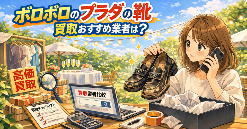 ボロボロ プラダ 靴 を売るために比較している女性と買取サービス画面