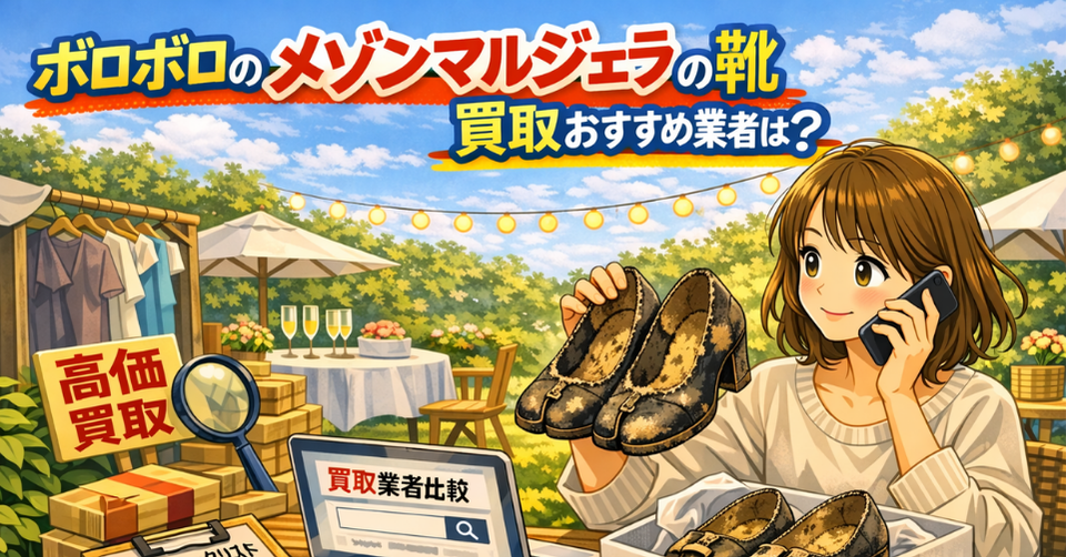 ボロボロ メゾンマルジェラ 靴 を持ち査定中の女性と宅配買取の様子