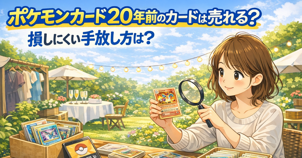 20年前のポケモンカードを査定しながら、損しにくい手放し方を調べている女性のイラスト