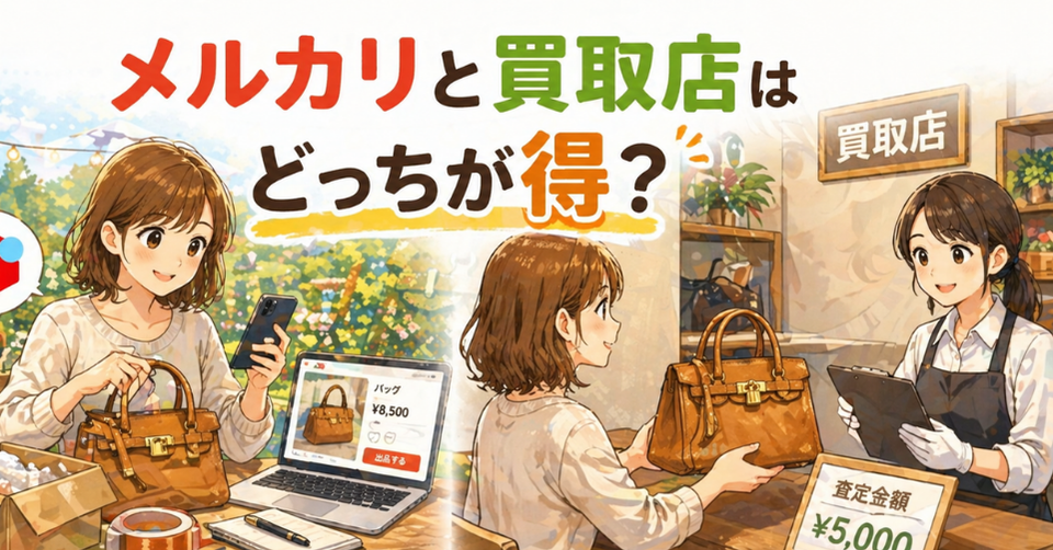 メルカリで出品する女性と買取店で査定を受ける様子を比較し、どちらが得かを解説するイメージ