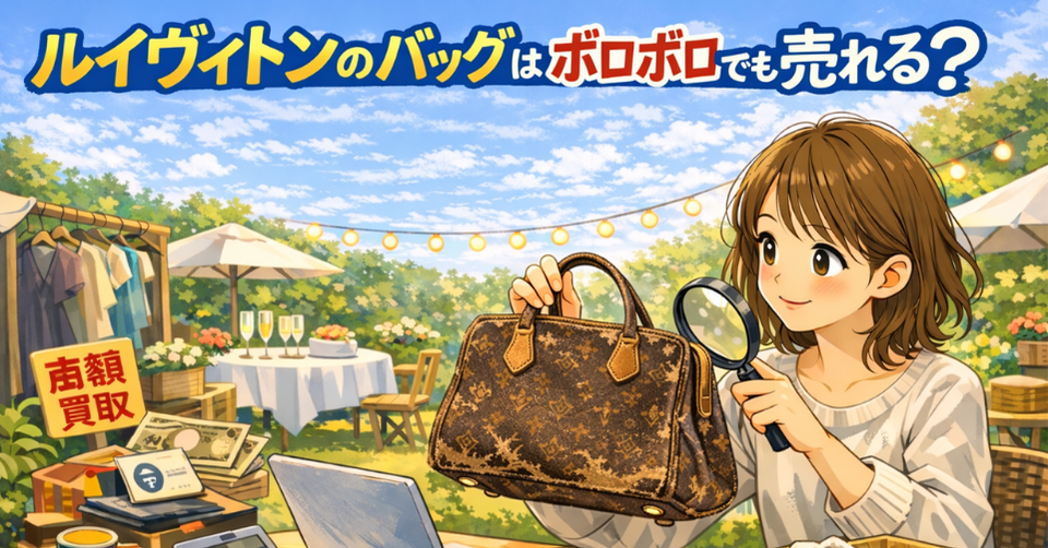 傷みのあるルイヴィトンのバッグを手に持って確認している女性のアイキャッチ画像