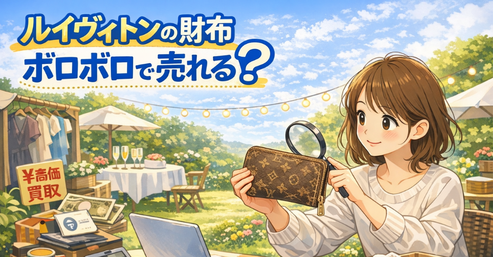 ボロボロのルイヴィトン財布を虫眼鏡で確認しながら買取を検討している女性のイラスト