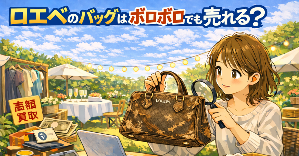 ボロボロのロエベのバッグを査定前に確認している女性のアイキャッチ画像