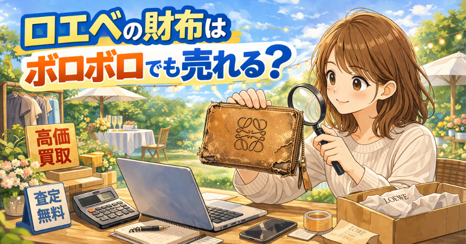 ボロボロのロエベ財布を査定している様子｜宅配買取イメージ