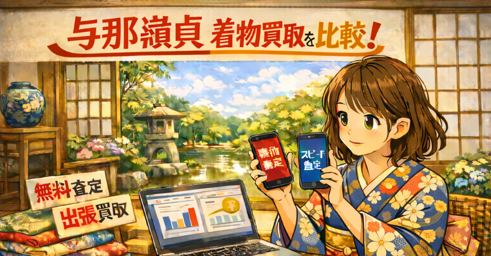 与那嶺貞 着物 買取 比較のイメージ画像。着物姿の女性が査定比較をしている和風バナー。