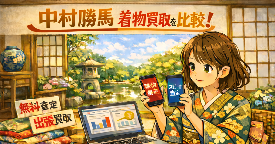 中村勝馬 着物 買取 比較のイメージ画像。着物姿の女性が査定比較をしている和風バナー。
