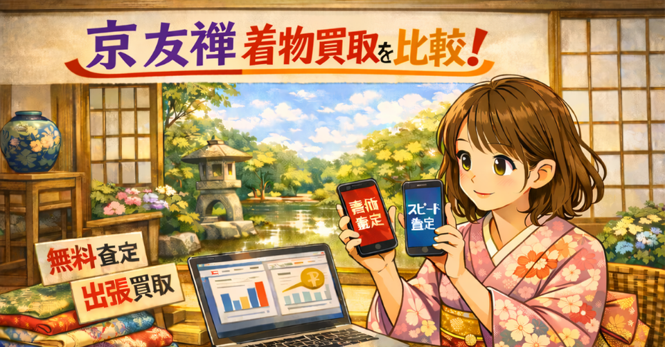 京友禅 着物 買取 比較のイメージ画像。着物姿の女性が査定比較をしている和風バナー。