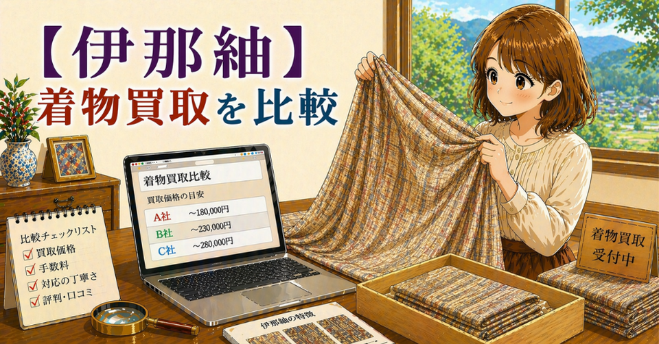 伊那紬の素朴な風合いの着物を広げて査定している様子