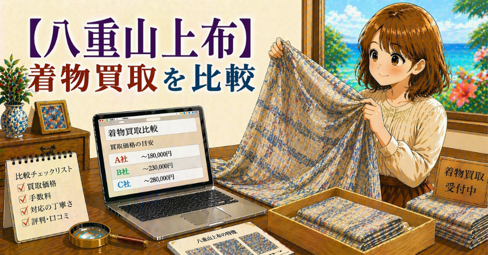 八重山上布の軽やかな布を広げて買取比較している様子