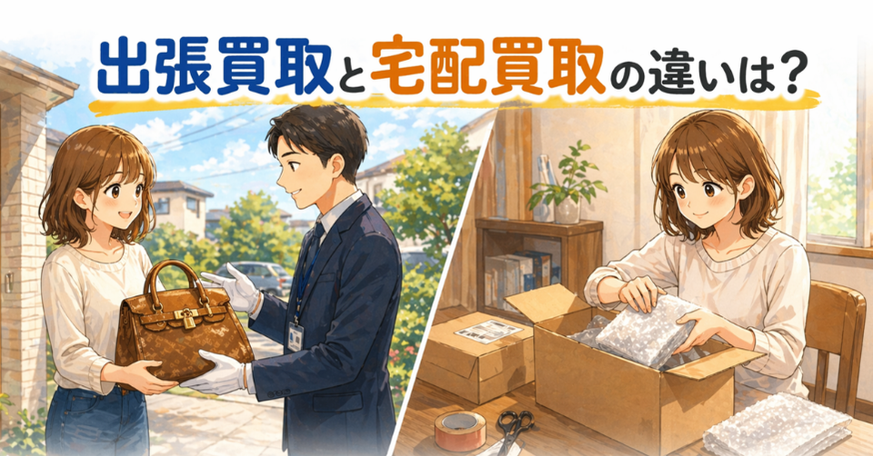 出張買取と宅配買取の違いを比較するイメージ。自宅で業者にバッグを渡す女性と、段ボールに梱包して発送する様子を描いたイラスト