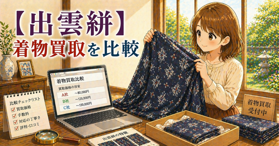 紺色の出雲絣を広げる女性と買取相場を確認するノートパソコン