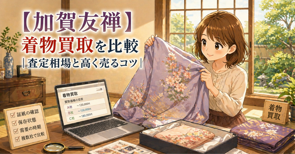 加賀友禅の着物を広げて査定比較している女性とノートパソコンの買取価格一覧