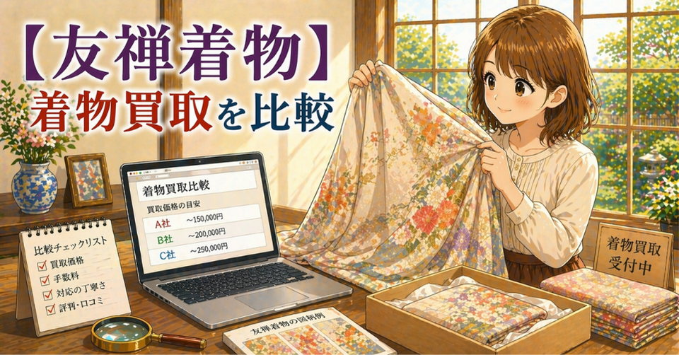 華やかな友禅着物を広げる女性と買取価格を表示するパソコン