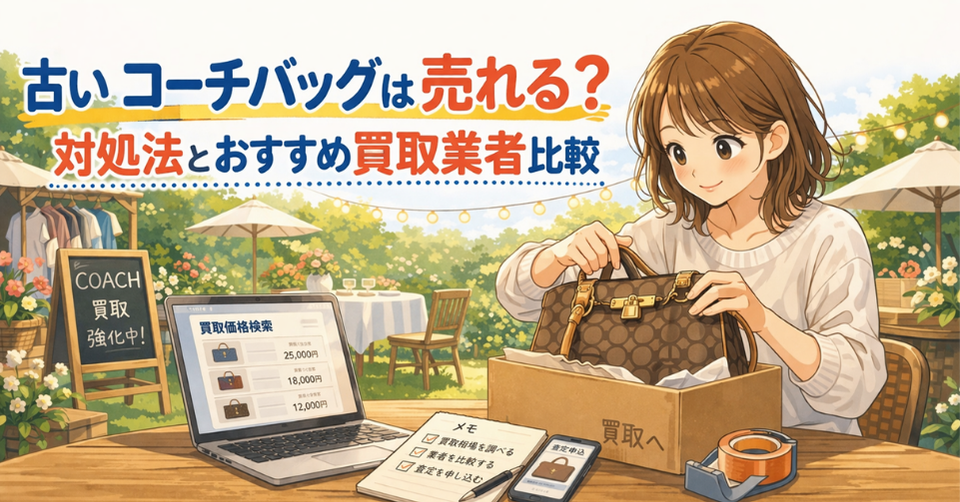 古いコーチバッグを確認しながら、売却準備と買取業者比較をしている女性のイラスト