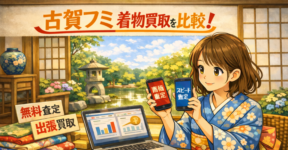 古賀フミ 着物 買取 比較のイメージ画像。着物姿の女性が査定比較をしている和風バナー。