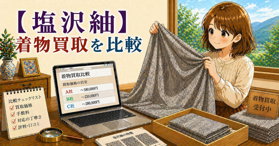 塩沢紬の細かな織りの着物を確認している査定シーン