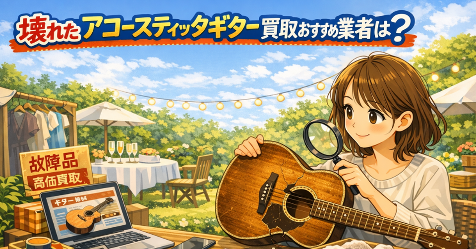 ひび割れたアコースティックギターを査定する女性と買取イメージのイラスト