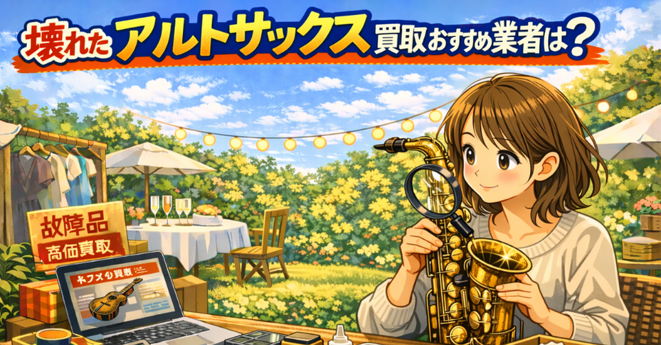 アルトサックスを虫眼鏡で確認しながら査定する女性のイラスト