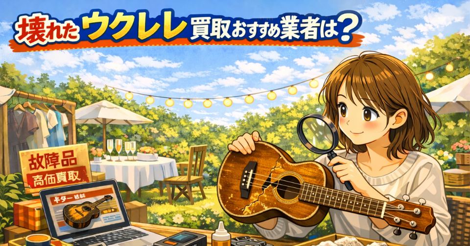 ひび割れたウクレレを査定する女性と買取のイメージイラスト