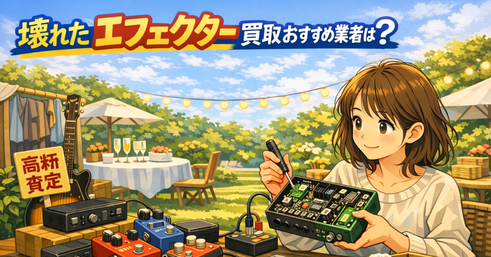 壊れたギターエフェクターを分解して確認する女性のイメージ