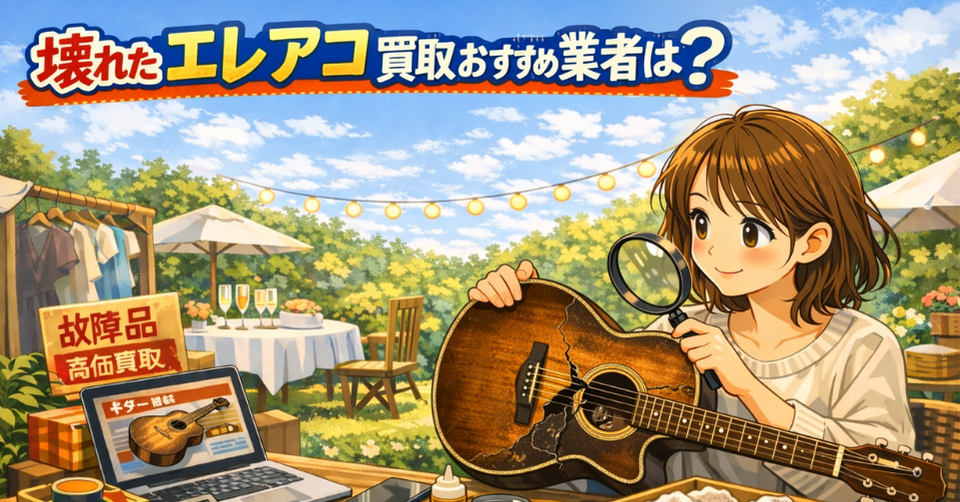 壊れたエレアコギターを確認しながら買取査定する女性のイラスト