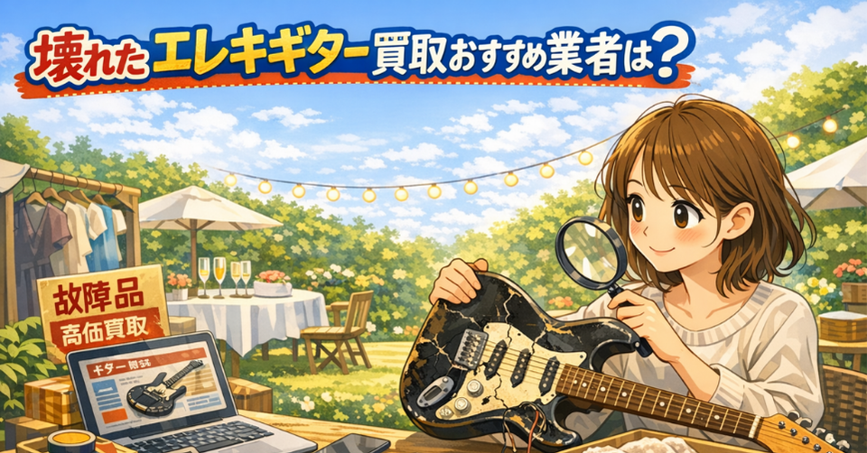 壊れたエレキギターを虫眼鏡で確認しながら買取査定する女性のイラスト