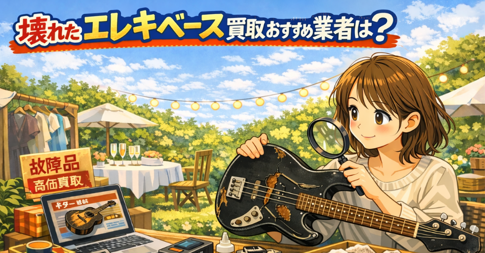 傷んだエレキベースを虫眼鏡で確認する女性と買取査定のイラスト