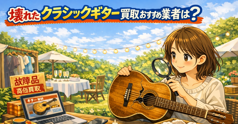 割れたクラシックギターを虫眼鏡でチェックする女性の査定イラスト