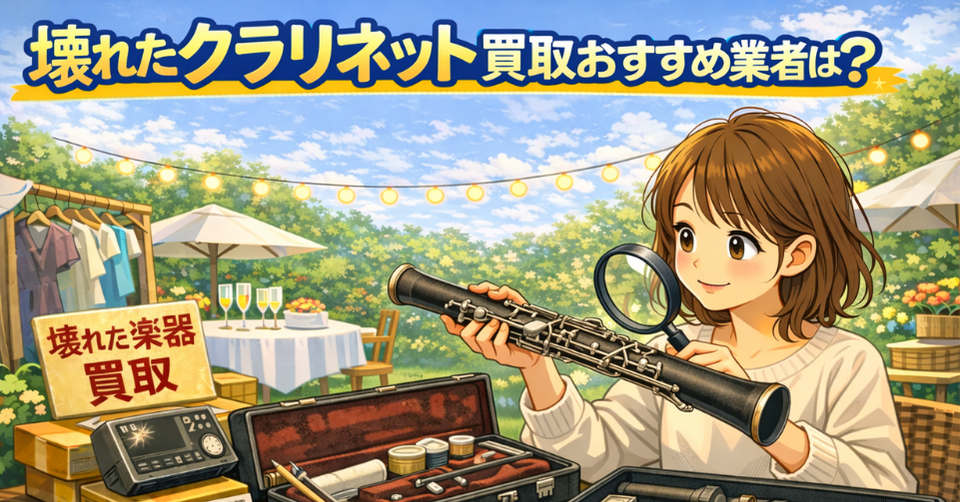 クラリネットの状態を確認している女性と工具セット