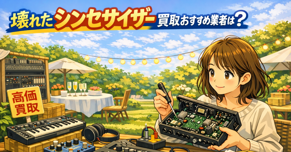 壊れたシンセサイザー内部をチェックしている様子と楽器機材