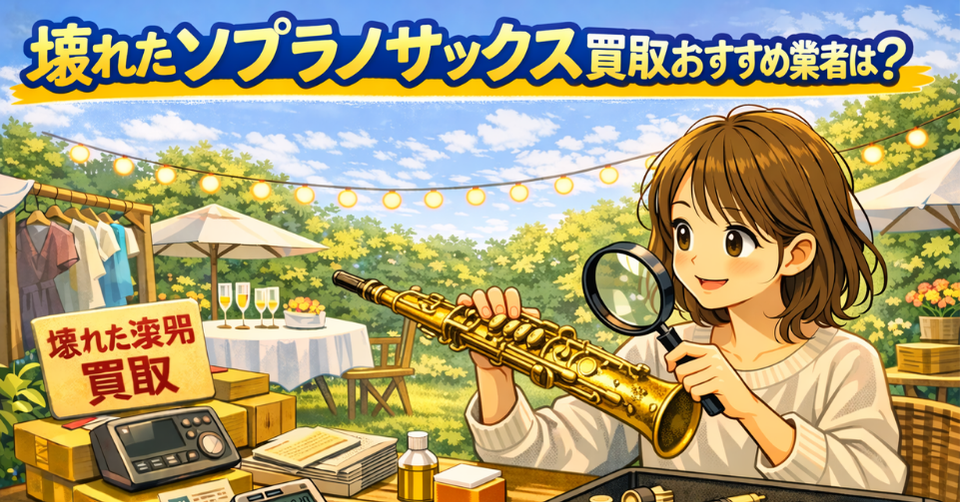 ソプラノサックスをルーペでチェックしている女性の査定風景