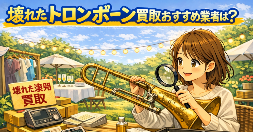 傷やサビのあるトロンボーンを確認している女性の査定シーン