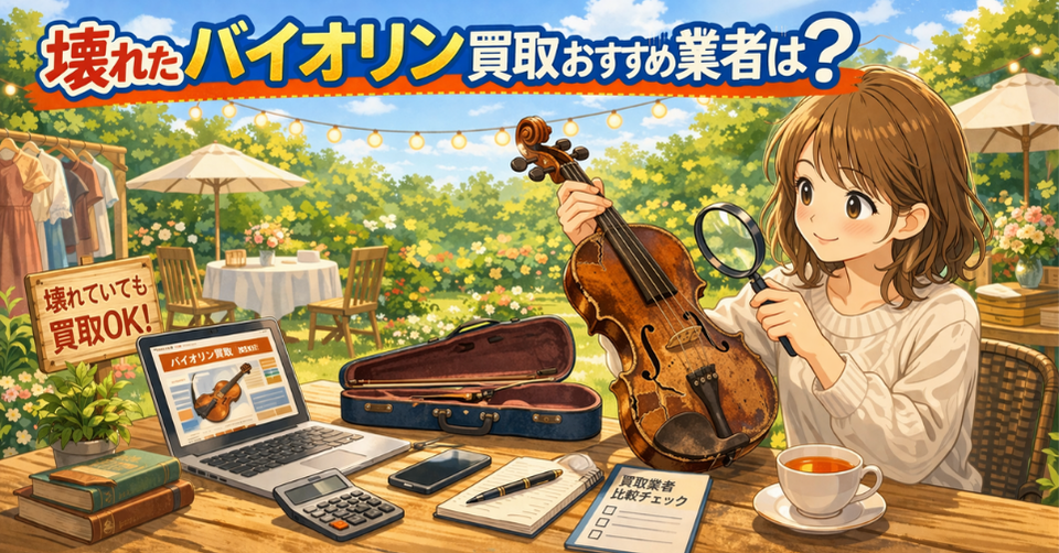 壊れたバイオリンを虫眼鏡で確認し査定する女性のイラスト