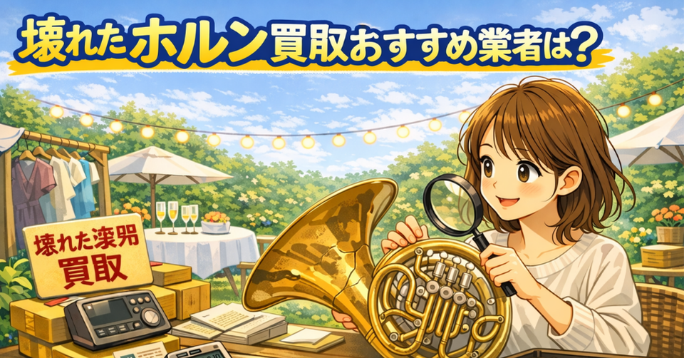 壊れたホルンをルーペで細かくチェックしている女性と査定イメージ